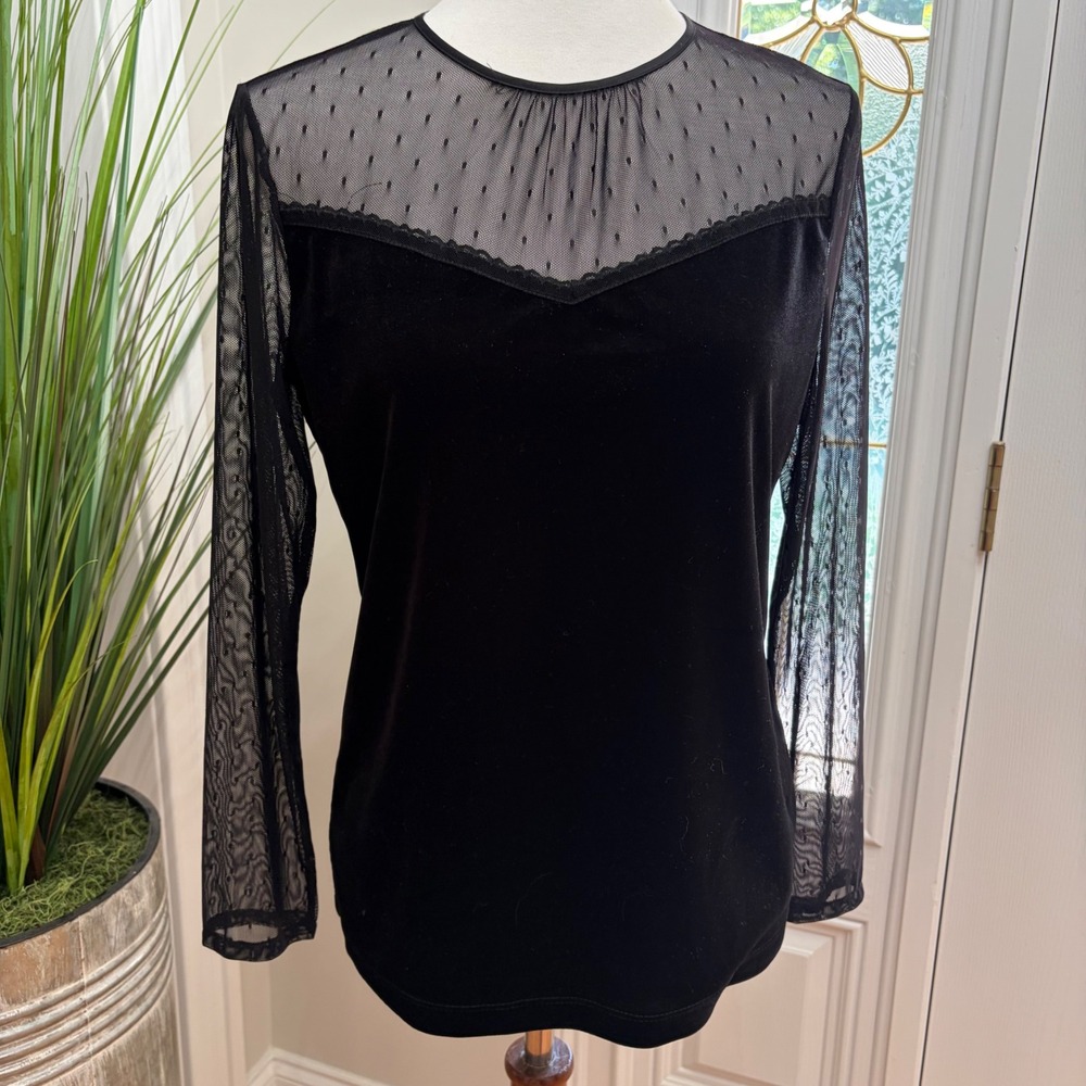 Lauren Ralph Lauren Black Velvet Sheer Swiss Dot Mesh Long Sleeve Top Blouse
